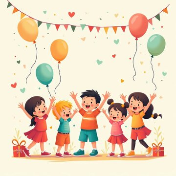 A fun birthday celebration with kids, smiling and enjoying the party, illustrated in a colorful cartoon style