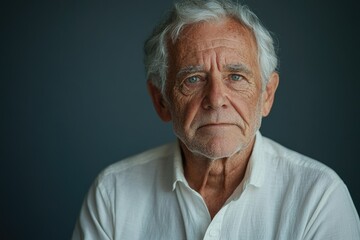 Portrait of a contemplative elderly man with gray hair and blue eyes, wearing a white shirt.