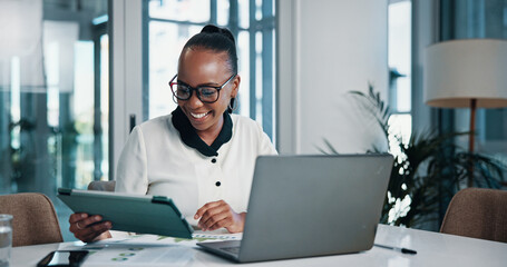 Stats, smile and woman with tablet, office or happy for traffic on website, laptop or SEO manager....