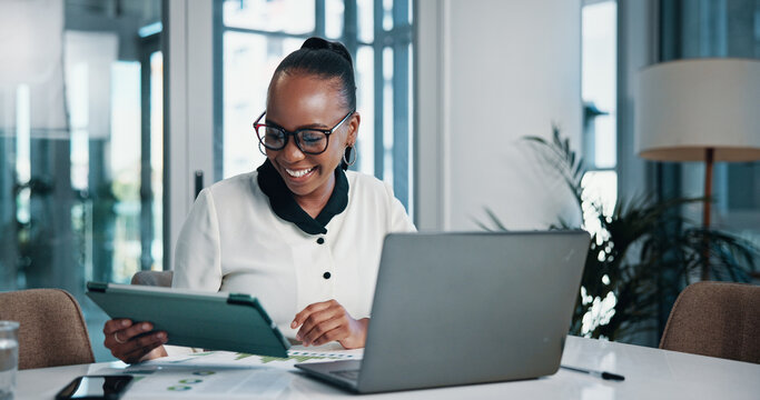 Stats, smile and woman with tablet, office or happy for traffic on website, laptop or SEO manager. Project, digital marketing and black person with app for keyword research or social media for trends