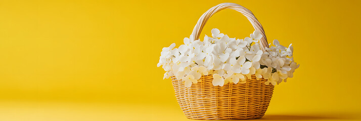Wicker basket with white flowers on a yellow background, banner for Easter or spring concept with empty space for text.