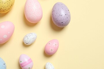Flat lay composition with Easter eggs on color background
