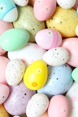 Flat lay composition with Easter eggs background