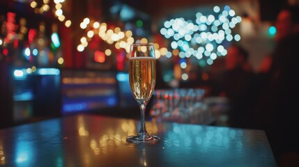 Alcohol consumption at a festive bar with champagne and New Year’s Eve celebration. Featuring joy and festivity