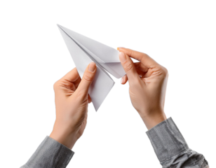 Hands are folding to make a paper airplane isolated on transparent background