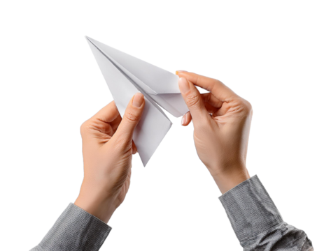 Hands are folding to make a paper airplane isolated on transparent background