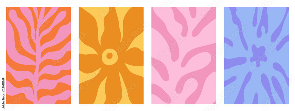 Poster vector illustration in simple linocut or cut our hand draw naive wavy groovy style, flowers and plan