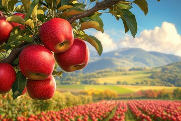 Vibrant red apples hanging on a branch in a picturesque orchard with a scenic mountain background