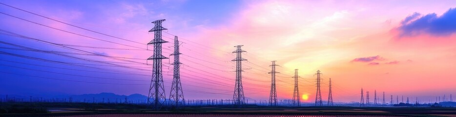 Fototapeta premium Power Lines at Sunrise Over Rural Landscape