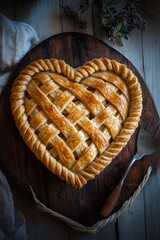 Heart shaped apple pie on rustic wooden board with fork and linen napkin