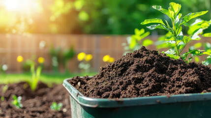 Fresh soil in garden wheelbarrow, ready for planting vibrant flowers and plants