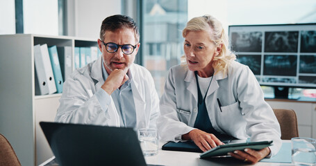 People, doctors and meeting on laptop at hospital for x ray study, laboratory results and...