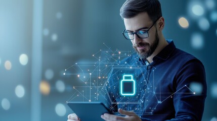 A man in glasses interacts with a tablet as digital elements and a battery icon float in the air, illustrating technology and innovation.