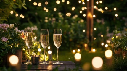 Alcohol consumption at a festive garden party with champagne glasses and fairy lights. Featuring joy and celebration