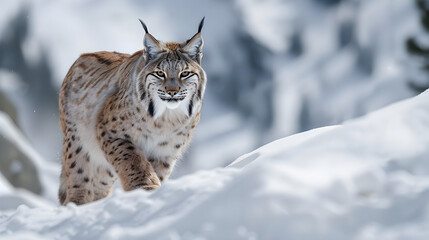 A graceful Pyrenean lynx with black tassels on its ears confidently walks through the snowy forest, leaving light footprints on the snow-white blanket.