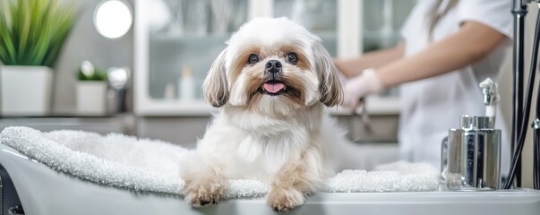Happy White Dog at Grooming Salon Relaxing on a Soft Towel