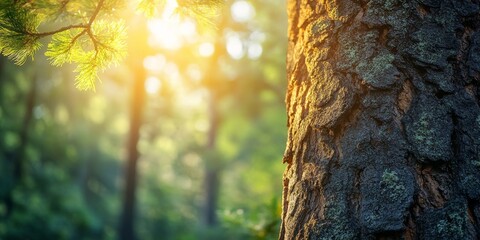 Obraz premium Warm sunlight shining on pine tree bark in californian forest