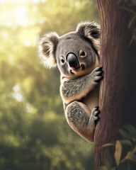 Fototapeta premium Koala's Gentle Gaze: An adorable koala clings playfully to a tree trunk. capturing the heart of the Australian outback, bathed in the warm embrace of sunlight.