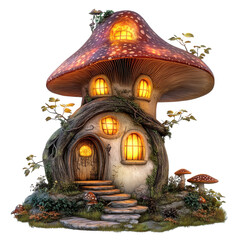 Fototapeta premium Whimsical Glowing Mushroom House on transparent background.