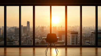 modern chair in front of large windows showcasing city skyline at sunset, creating serene and contemplative atmosphere