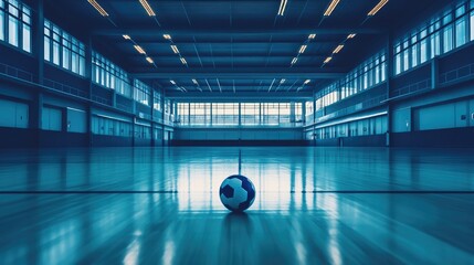 Brightly lit volleyball resting in the middle of an empty sports hall, reflecting light on the polished floor.