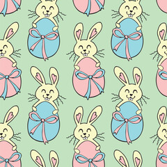 Vector seamless pattern with cute funny color easter bunnies with egg. Gender party. Spring holiday backgrounds and textures in doodle flat style