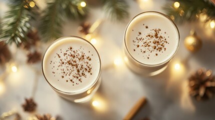 Alcohol consumption at a festive holiday party with eggnog and decorated tables. Featuring warmth and cheer