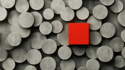 Red Square Surrounded by Grey Circles Modern Abstract Design