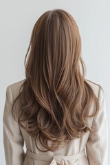 Obraz premium Long, flowing brown hair of a woman with a stylish cream blazer from the back