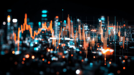 Digital sound wave visualization over city skyline at night, showcasing vibrant orange and blue colors. image conveys sense of technology and urban life