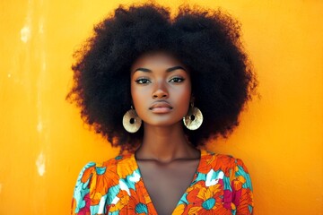 Pretty calm black girl - for ads, ad page and digital use. Long haircut - afro hair. Commercial marketing idea. Model concept. Black model advertising portrait. Chic black hair concepts.