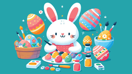 Easter Bunny Decorating Eggs, An adorable Easter bunny wearing an apron, painting colorful designs on a batch of large eggs.