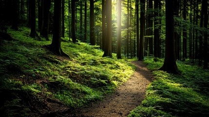 Obraz premium A serene forest scene with sunlight filtering through trees, casting a warm glow on a winding dirt path surrounded by lush greenery.