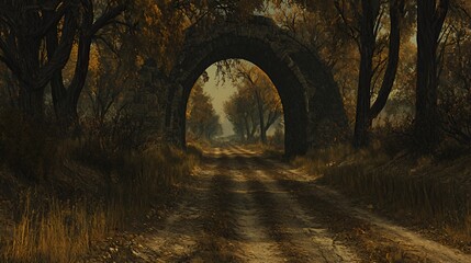 Obraz premium Autumnal Forest Path Leading Through Stone Archway