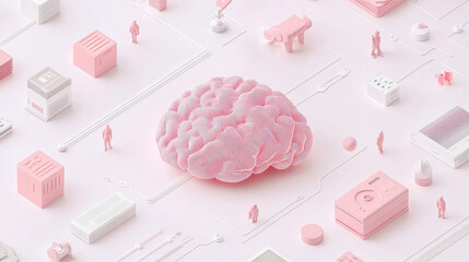 pink brain surrounded by miniature figures and various geometric shapes, symbolizing technology and creativity. scene conveys modern, digital aesthetic