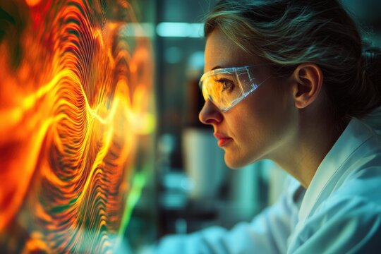 A female scientist wearing safety glasses examines vibrant, swirling data visualizations on a screen, immersed in scientific research.