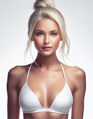 Obraz premium studio portrait of a blonde woman with long hair wearing a white lingerie underwear bikini on white background, fashion photography 