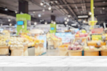 White Marble Bar with Blurred of Supermarket Background.