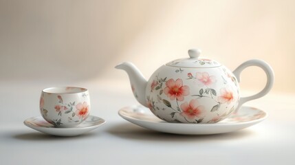 Fototapeta premium Elegant Floral Teapot and Teacup Set on Light Background