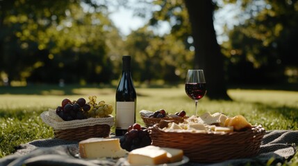 Alcohol consumption at a festive outdoor picnic with wine and cheese. Featuring enjoyment and nature