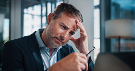 Frustrated, businessman and headache with laptop for stress, financial crisis or mistake at office....