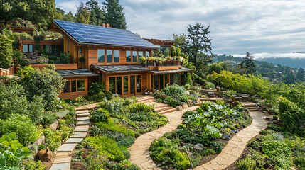 Eco friendly house nestled on a hillside with lush gardens and stunning views
