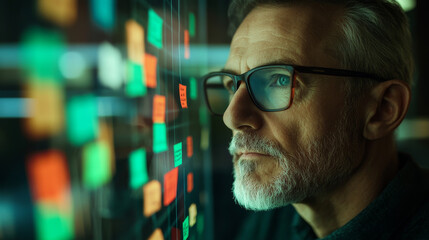focused man with glasses analyzing colorful sticky notes on digital board, showcasing modern workspace environment. His expression reflects deep concentration and insight
