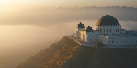 Obraz premium Griffith observatory emerging from the fog at sunset over los angeles, california