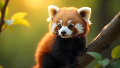 Fototapeta premium Adorable Red Panda Cub Perched on a Branch in Golden Sunlight, Wildlife Photography