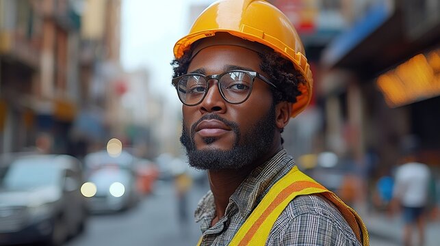 Close-up portrait of a serious construction worker wearing a hard hat and glasses in a city street. - Powered by Adobe