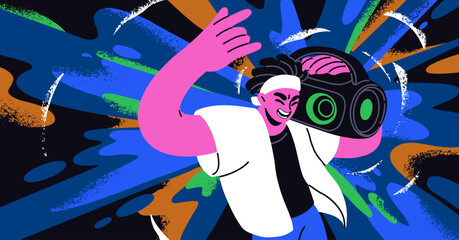 Young man holding boombox on shoulder, dancing and listening to loud music beats. Happy person at night disco party. Dynamic discotheque energy, energetic nightlife vibe. Flat vector illustration © Good Studio