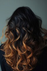 Naklejka premium Beautiful woman with long wavy hair featuring a stunning gradient from dark to golden blonde