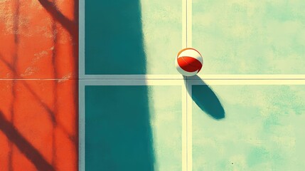 Classic volleyball centered on a clean gymnasium floor, sharp lighting, and realistic shadows, top-down shot.