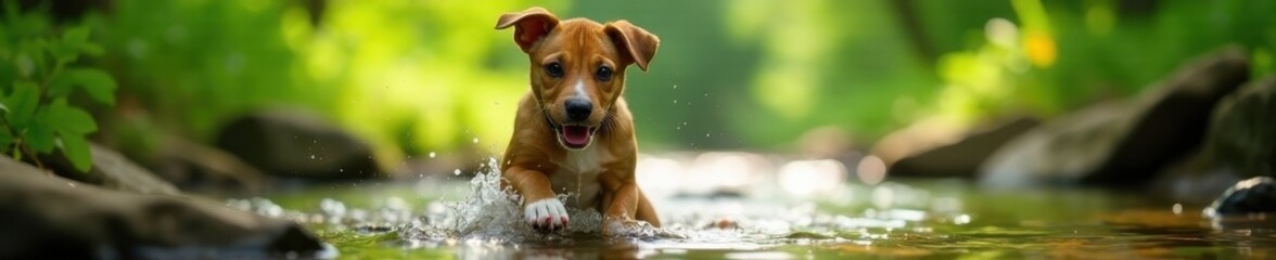 Playful pitbull mix puppy, cooling paws in creek, summer forest, animal, drink